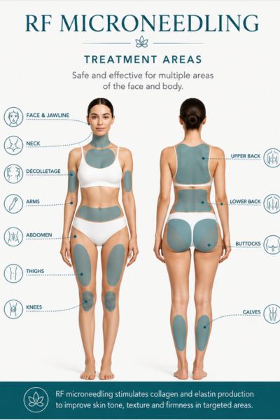 Areas of face and body can have RF microneedling skin tightening treatment Cheshire